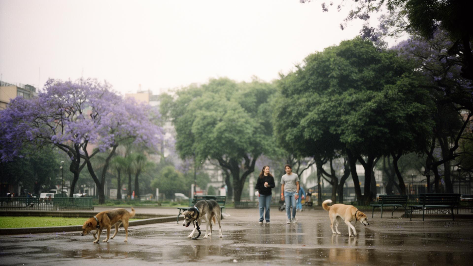 Dogs and walkers in Parque México, Condesa, Mexico City on an overcast afternoon.